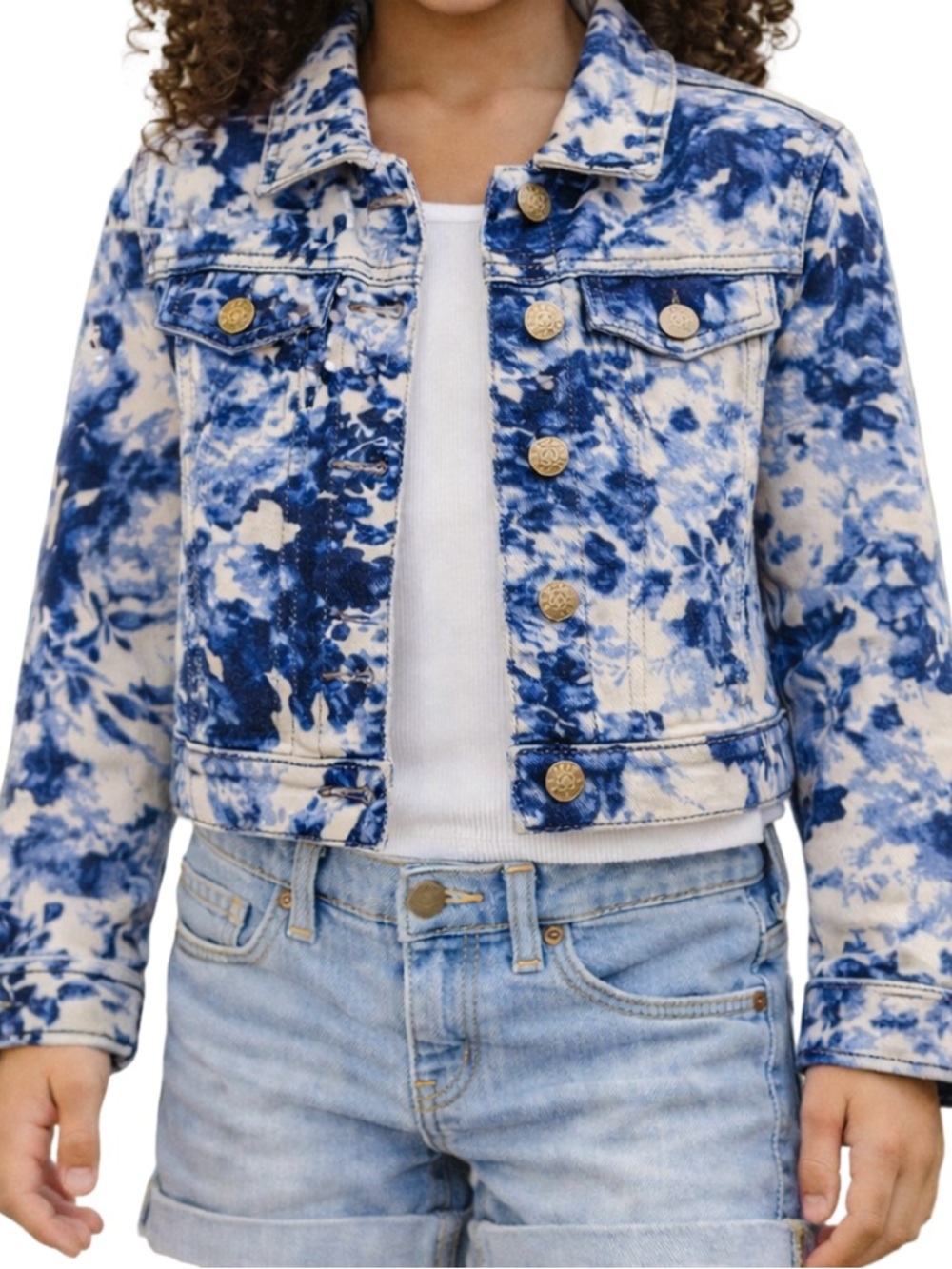 Children’s Place Blue Floral Denim Jacket Girls M 7/8 Cropped Cotton NWOT
